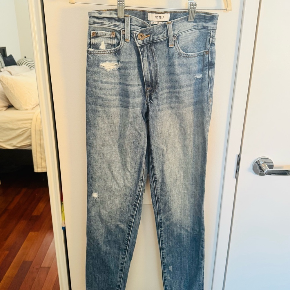 PISTOLA asymmetric waist skinny jeans